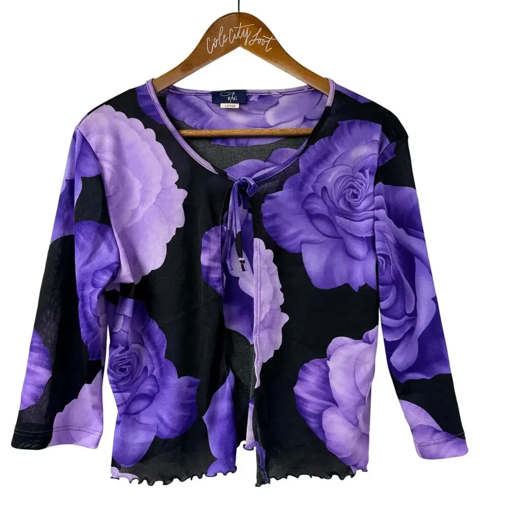 Y2K Purple All Over Floral Mesh Tie Front Top Large Rag Coverup Lettuce Hem VTG